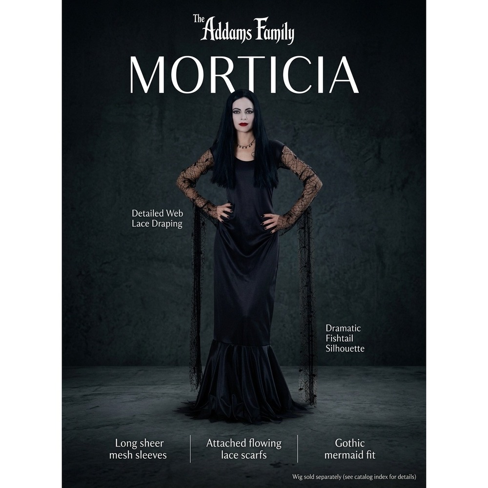 Morticia Addams Family Costume Rubies Dress and Wig Set Black Adult Large 14-16